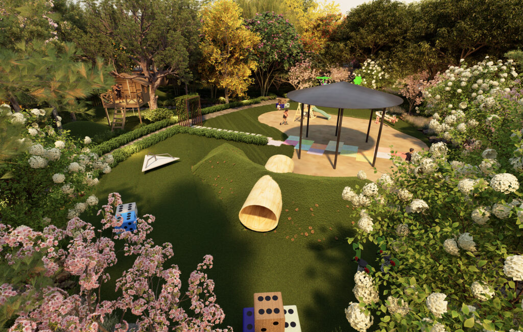 Shriram Forest View children’s play area with outdoor play equipment and greenery.