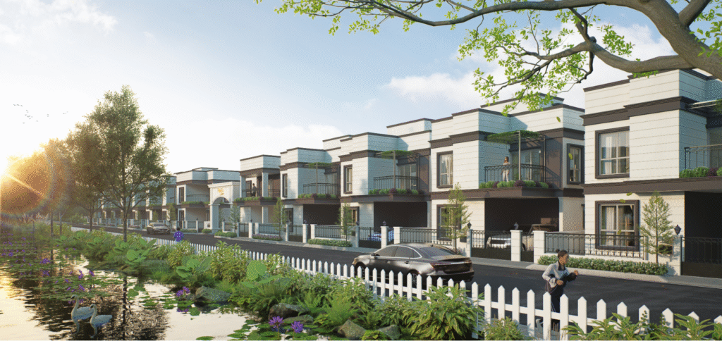 Modern villa row facing a landscaped waterbody at Codename Forest View Villa.